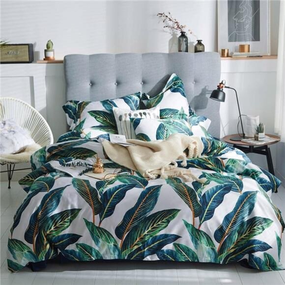 Leaves Duvet Cover Set Queen,3 Piece Soft Premium Cotton Green Tropical Palm